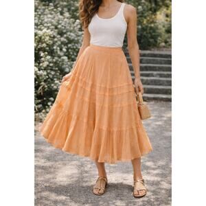 Lauren Ralph Lauren Pastel Tiered Midi Skirt Boho Peasant Cotton/Silk Women 10